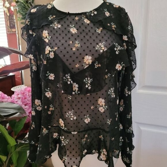 Sexy Black Ruffle Top Blouse Floral Print Polka Dot Modern Contemporary Small - Picture 2 of 9